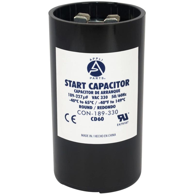 [Australia - AusPower] - Appli Parts Motor Start Capacitor 189-227 Mfd (microfarads) uF 330 VAC Universal fit for Electric Motor Applications 1-3/4 in Wide 3-3/8 in Height CON-189-330 