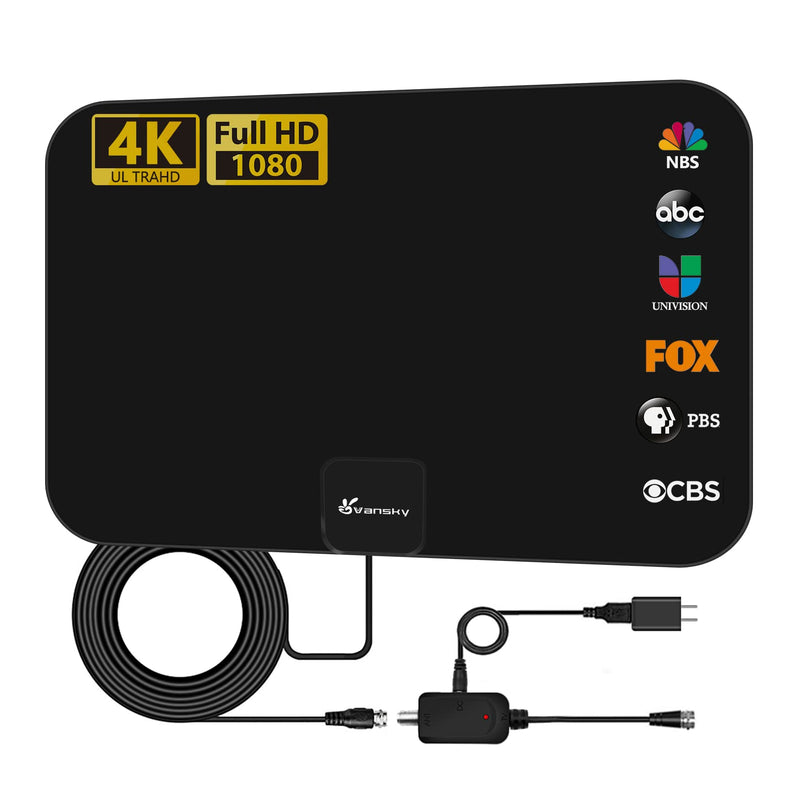 [Australia - AusPower] - TV Antenna Indoor, Digital Amplified Indoor HDTV Antenna, 1080p VHF UHF Television Local Channels Detachable Signal Amplifier and 16.5ft Long Coax Cable (Black) Black 