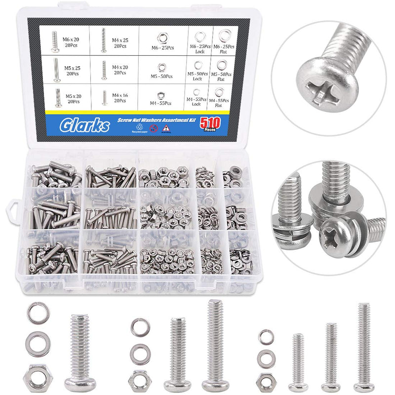 [Australia - AusPower] - Glarks 510 Pieces Pan Head Stainless Steel Screws Nuts Lock and Flat Gasket Washers Assortment Kit Pan Head Screws 