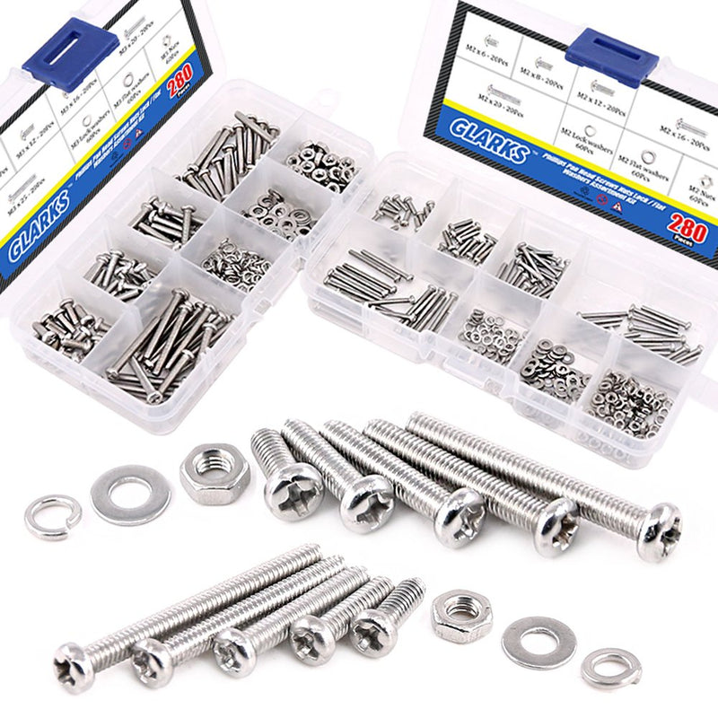 [Australia - AusPower] - Glarks 560Pcs M2 M3 Phillips Pan Head Stainless Steel Screws Bolts Nuts Lock and Flat Washers Assortment Kit 