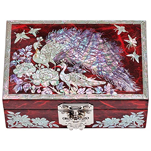 MADDesign Mother of Pearl Ring Earring Jewelry Box Peacock Design Red
