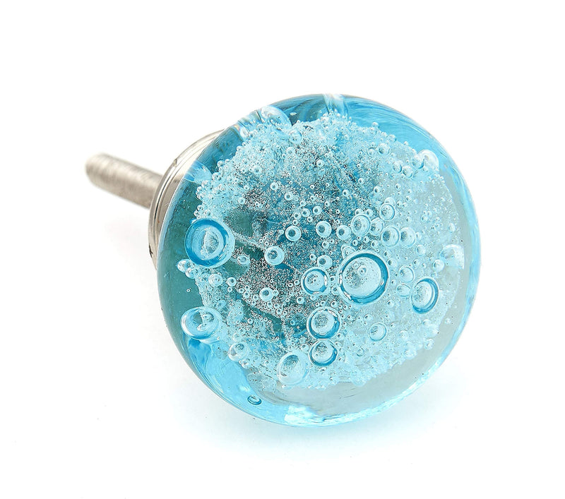 Shabby Restore Aqua Blue Bubbles Glass Dresser Drawer, Kitchen Cabinet or Door Knob Pulls Nickel Hardware - Pack of 12