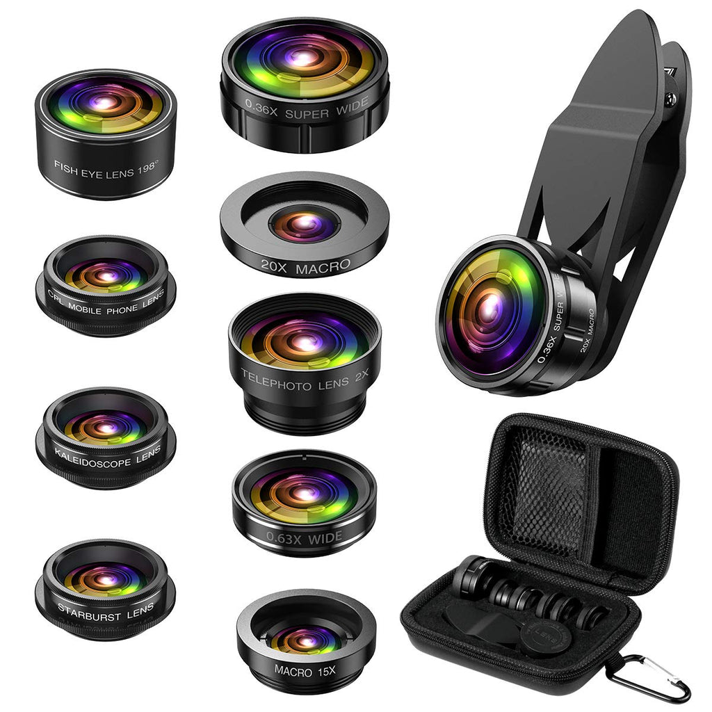 [Australia - AusPower] - (Newest) Phone Camera Lens, 9 in 1 Lens Kit, Zoom Lens, 0.36X Wide Angle Lens + 0.63X Wide Lens + 15X Macro Lens + 20X Macro Lens + Fisheye Lens + CPL + Starburst Lens Telephoto Lens for Smartphone 