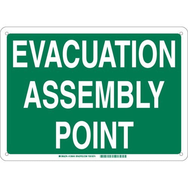 Brady 139655 Aluminum "Evacuation Assembly Point" Sign, Text, 10" H x 14" W, White on Green