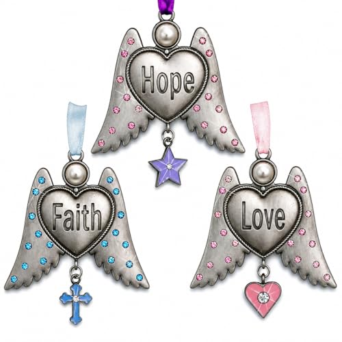 Faith Hope Love Angel Ornaments Set of 3 – Jeweled Angel Christmas Ornaments with Inspirational Hanging Charms – Guardian Angel Keepsakes for Tree, Memorial, Sympathy, Christian Gifts, Holiday Decor