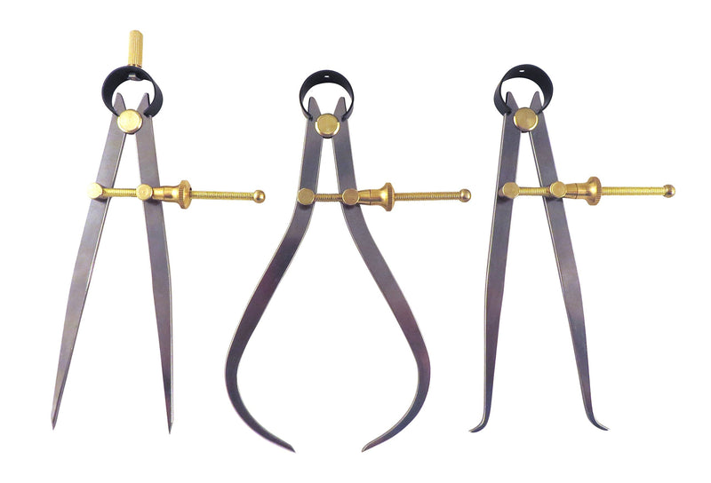 [Australia - AusPower] - 3 Piece Set Toolmaker's “Yankee” Rapid Adjust Quick Spring Nut Dividers, Inside ID & Outside OD Calipers, 0-6.5” / 165 mm Range, Brass Fulcrum and Fine Adjustment, Flat Leg, C7-6, C8-6, C9-6 