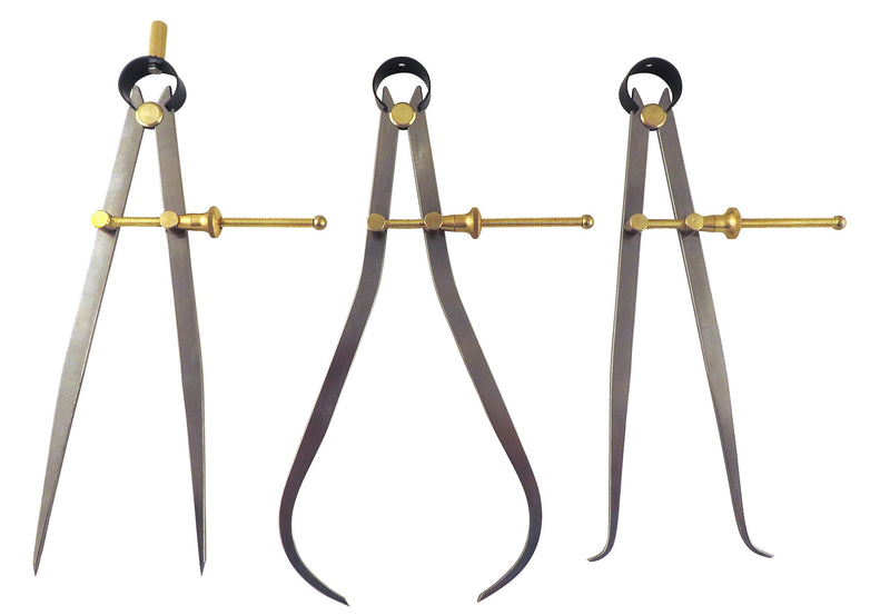 [Australia - AusPower] - 3 Piece Set Toolmaker's “Yankee” Rapid Adjust Quick Spring Nut Dividers, Inside ID & Outside OD Calipers, 0-8.5” / 215 mm Range, Brass Fulcrum and Fine Adjustment, Flat Leg, C7-8, C8-8, C9-8 