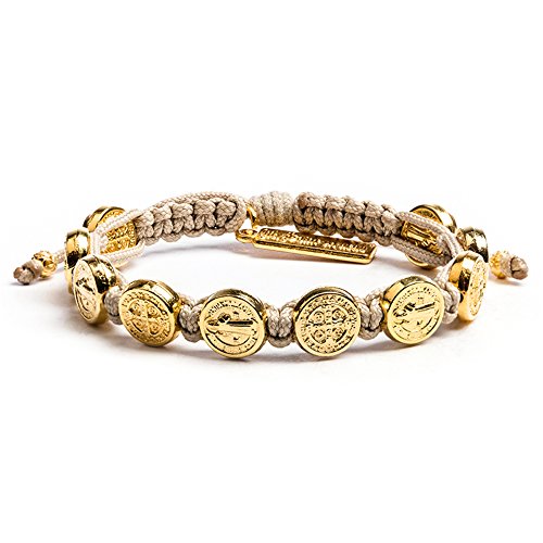 My Saint My Hero Benedictine Blessing Bracelets – Handwoven Spiritual Protection with Medals Hand-Cast In Italy at Sacred Site Tan/Gold