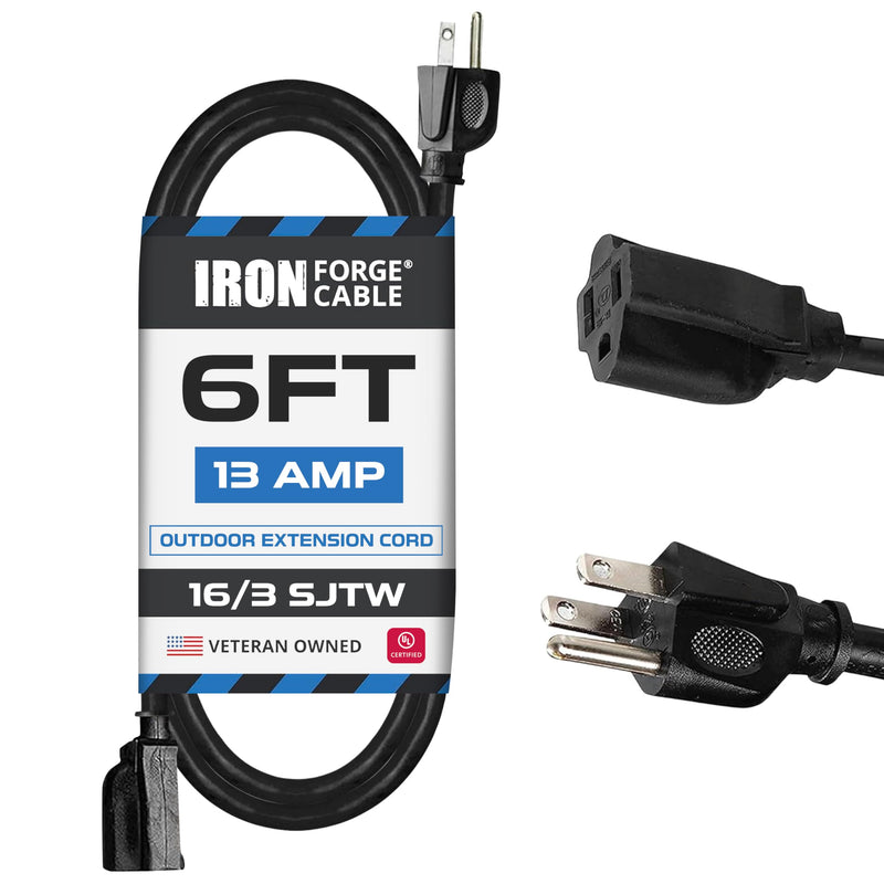[Australia - AusPower] - Iron Forge Cable 6 Ft Black Extension Cord, 16/3, 6 Foot Extension Cord, 3 Prong, Weatherproof - Great for Outside Use 6FT 
