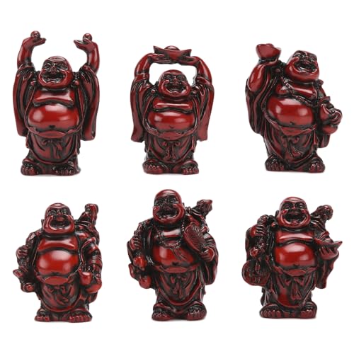 6Pcs 2in Red Resin Laughing Buddha Figurines, Tabletop Lucky Decor 2.5'' Resin Red Set