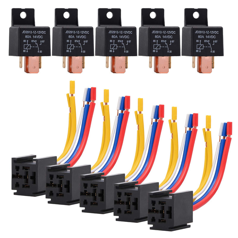 [Australia - AusPower] - EHDIS 5 Packs Car Relay with Harness Truck Motor Heavy Duty 5-Pin 80A 12V On/Off Normally Open SPDT Relay Socket Plug 5 JD2912-1Z-12VDC 80A 14VDC 