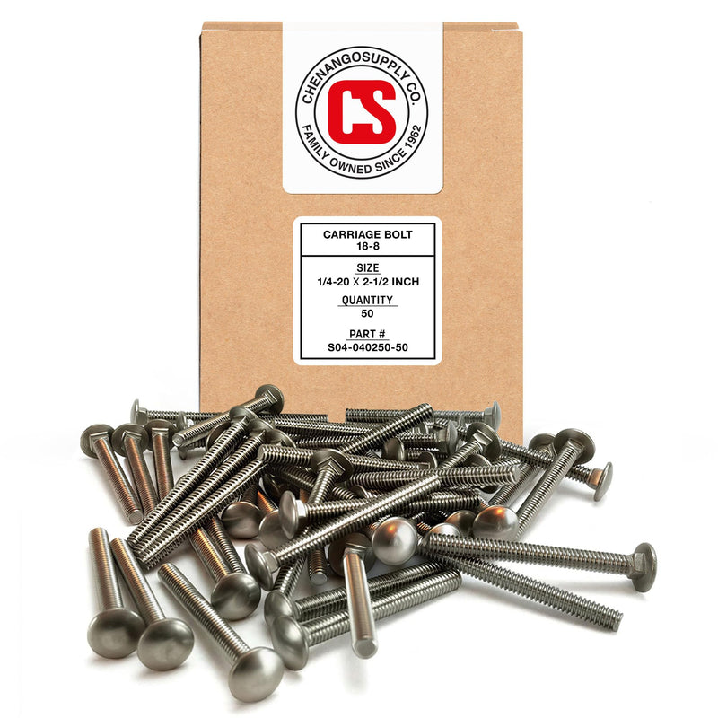 Chenango Supply 1/4-20 x 2-1/2 Stainless Steel Carriage Bolts – 304 Stainless, USS Coarse Thread, 100,000–125,000 PSI Tensile Strength, Corrosion-Resistant Hardware Bolts, (50 Pieces, 1/4-20 x 2.5) 1/4-20x2-1/2