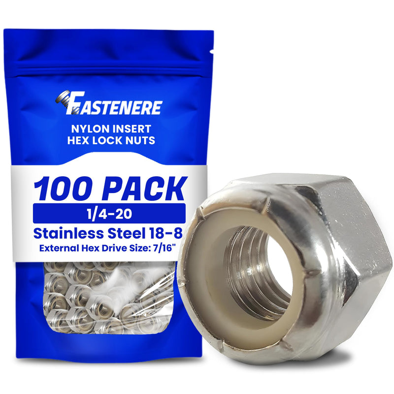 [Australia - AusPower] - Nylon Insert Hex Lock Nuts - 1/4"-20 (100-Pack) Stainless Steel 18-8, Plain Finish, Corrosion-Resistant, Durable Multi-Use Hardware Nuts - Secure Fastening with Hex Socket Drive 1/4-20 (100 Pack) 