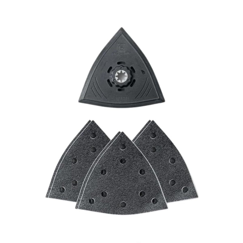 Fein Starlock Plus Triangular Sanding Set - Multi-Material Use, Perforated Backing Pad & Sanding Sheets, 60, 80 and 180 Grit, 5-1/8" Edge Length - 63806204210