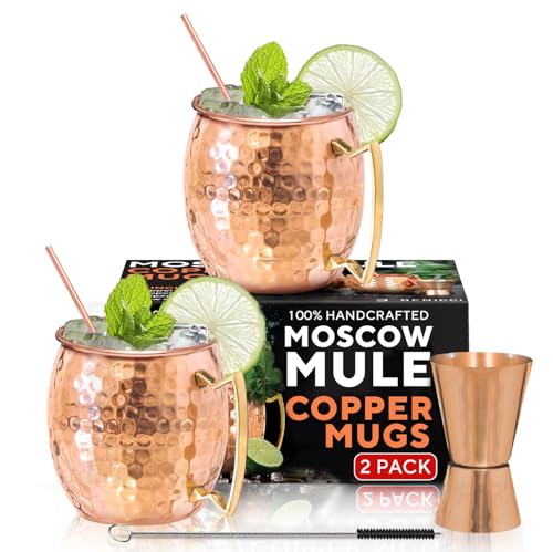 Set of two Benicci Moscow Mule copper mugs, 16 oz pure solid copper cups with handles, ideal for cocktails and serving drinks.