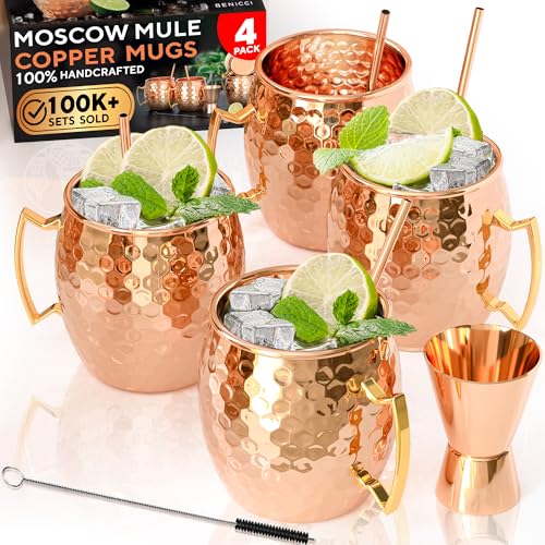 Moscow Mule Copper Mugs Set of 4, 16 oz Pure Copper Cups for Drinking