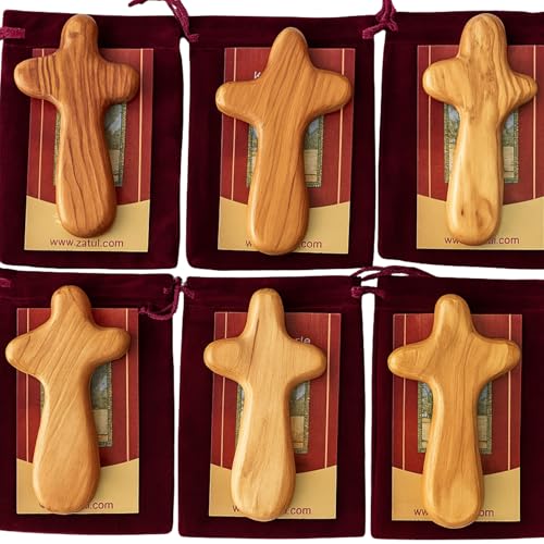 Zuluf Set of 6 Palm Size Olive Wood Crosses 4.2" (10.7cm) – Baptism Cross for Men, Christian Religious Keepsake, Small Catholic Wood Gift for Men and Women CRS133 6 Large with Velvet