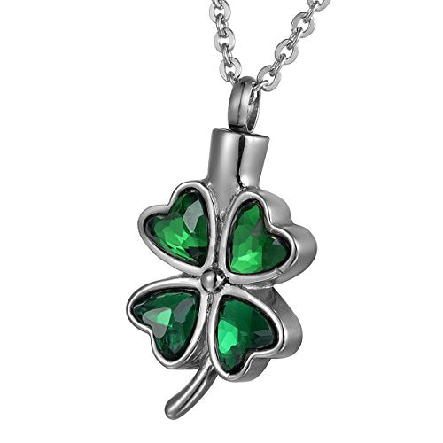 COCO Park Lucky Four Leaf Clover Cremation Jewelry - Green Diamond Stainless Steel Urn Necklaces for Ashes