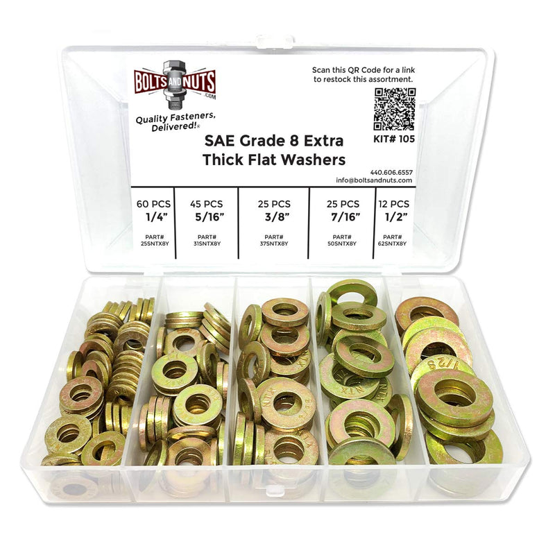 1/4" 5/16" 3/8" 7/16" 1/2" Grade 8 SAE Extra Thick Flat Washer Assortment Kit - 168 Pieces!