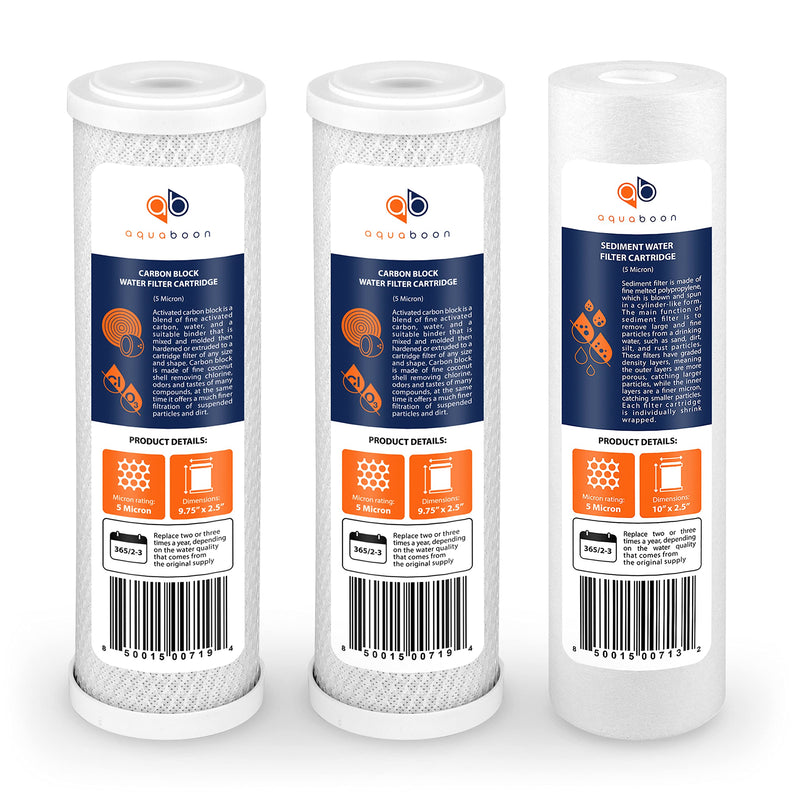 Aquaboon 5 Micron 10 x 2.5 House Water Filters Cartridges Set of 3 | Sediment & Carbon Filter Replacements Compatible with WHKF-WHWC, P5, WHKF-GD05 3 Count (Pack of 1)