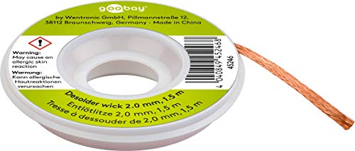 goobay Desoldering Braid 2 mm, 1.5 m Long Desoldering Wire Made of Pure Copper, Suction Band for Clean Removal of Solder on Circuit Boards - 45246 2mm