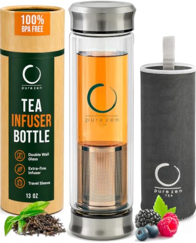 Pure Zen Tea infuser bottle, 13 oz, with built-in tea infuser and lid, ideal for brewing loose leaf tea on the go.