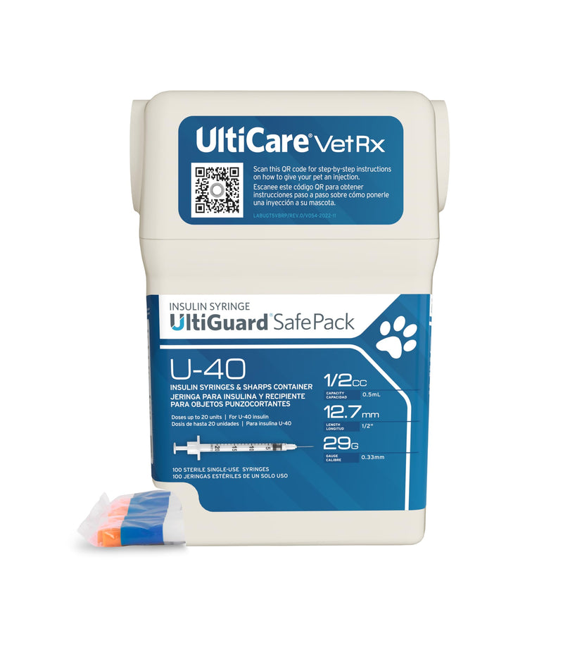 [Australia - AusPower] - UltiCare VetRx U-40 UltiGuard Safe Pack Pet Insulin Syringes 1/2cc, 29G x 1/2", 100 ct (Without 1/2 Unit Markings) 