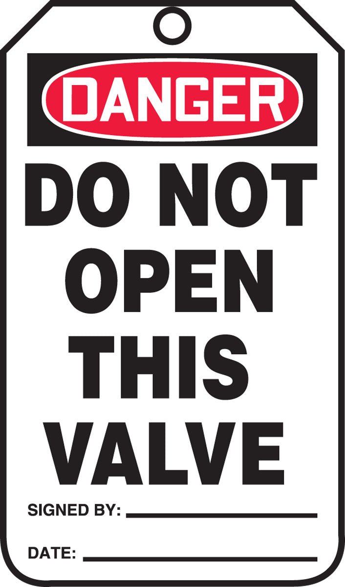 Accuform MDT188CTP PF-Cardstock Safety Tag, Legend "Danger Do Not Open This Valve", 5.75" Length x 3.25" Width x 0.010" Thickness, Red/Black on White (Pack of 25)