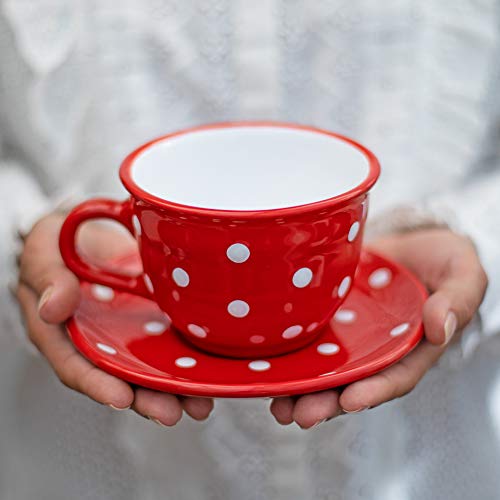City to Cottage Handmade Red and White Polka Dot Large Ceramic 12oz/350ml Cappuccino Coffee Tea Cup and Saucer, Unique Designer Pottery Gift for Tea Lovers Red - 12oz (350ml)