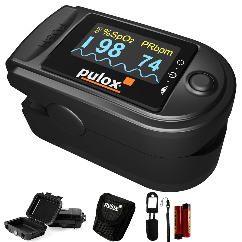 Pulse oximeter PULOX PO-200A with switchable alarm function and pulse tone incl. Accessories *Colour selection possible, black | With pulse sound, warning function and accessory kit to control oxygen saturation, heart rate and perfusion index
