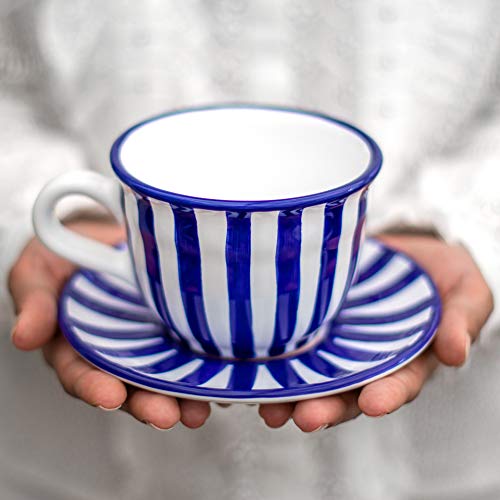 City to Cottage Handmade Dark Navy Blue Stripe Large Ceramic 12oz/350ml Cappuccino Coffee Tea Cup and Saucer, Unique Designer Pottery for Tea Lovers