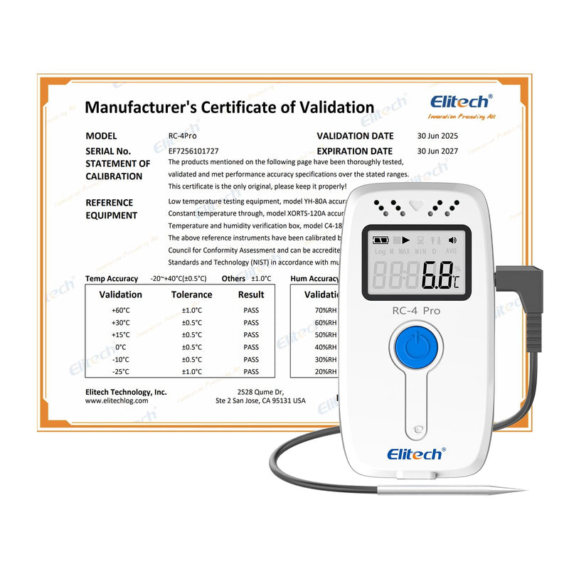 Elitech Temperature Humidity Data Logger, Reusable Recorder with Built-in Buzzer, -40~85°C, 64000 Points, Auto PDF/CSV Reports, Win/Mac Software, Calibration Certificate for Audit Compliance RC-4HPro RC-4HC Temp-Humi Probe RC-4 64000Points 1