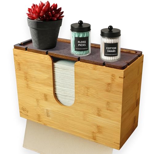 eBun Bamboo Paper Towel Dispenser with Removable Wooden Lid Tray, Bamboo