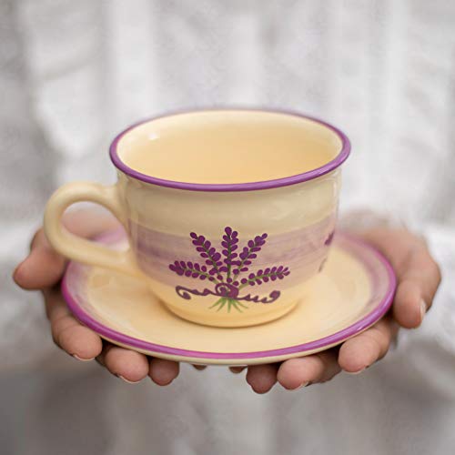 City to Cottage Handmade Lavender Floral Purple And Cream Large Ceramic 12oz/350ml Cappuccino Coffee Tea Cup and Saucer, Unique Designer Pottery Gift for Tea Lovers