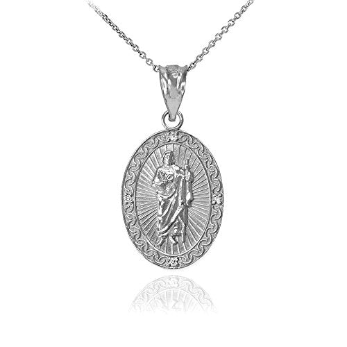 Sterling Silver Saint Jude Thaddeus CZ Oval Medal Pendant Necklace (Small) 16 Inches