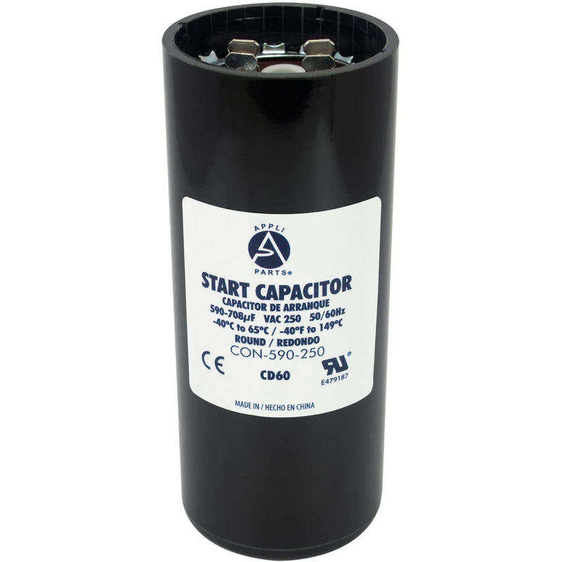 Appli Parts Motor Start Capacitor 590-708 Mfd (microfarads) uF 250 VAC Universal fit for Electric Motor Applications 1-3/4 in Diameter 4-3/8 in Height CON-590-250