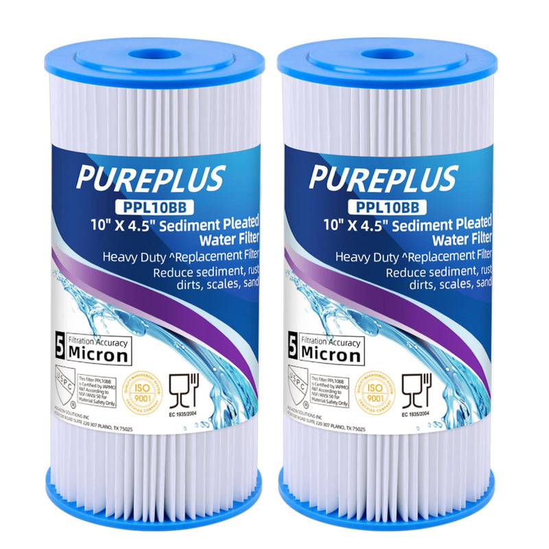 [Australia - AusPower] - PUREPLUS 10" x 4.5" Whole House Pleated Sediment Filter for Well Water, Replacement Cartridge for GE FXHSC, Culligan R50-BBSA, Pentek R50-BB, DuPont WFHDC3001, American Plumber W50PEHD, GXWH40L, 2Pack 2 Count (Pack of 1) 
