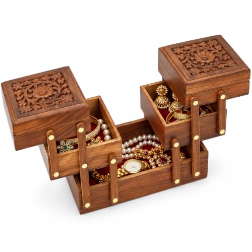 Sheesham Wood Jewelry Box Organizer, Handmade Wooden Jewelry Storage Chest with Multiple Drawers, Jewelry Holder for Rings, Earrings, Bracelets and Accessories Sliding – Hand Carved