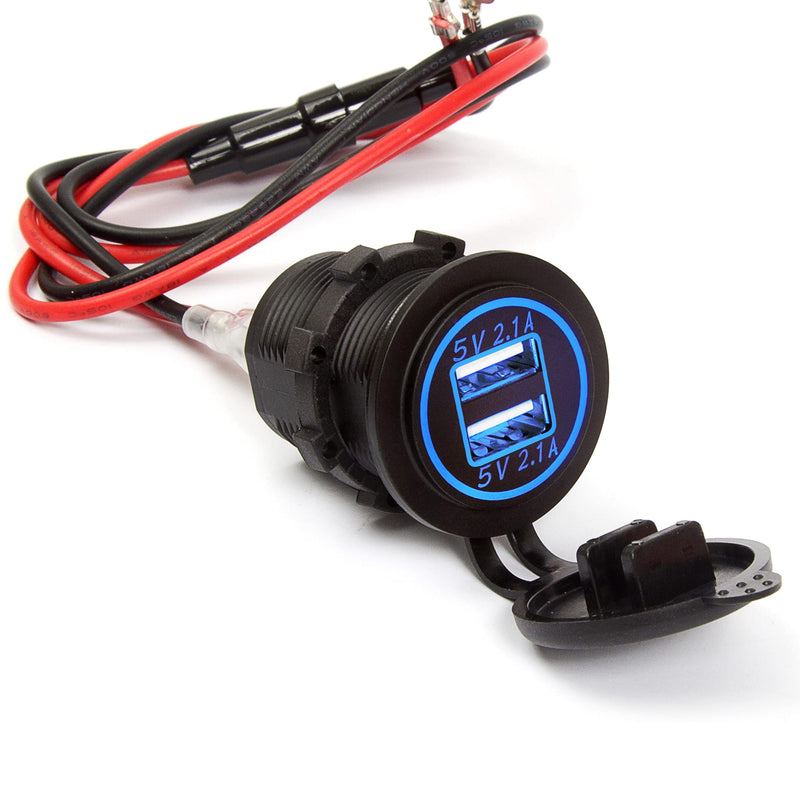 [Australia - AusPower] - Ginsco Dual USB Charger Socket Power Outlet 2.1A & 2.1A（4.2A） for Car Boat Marine RV Mobile with Wire Fuse DIY Kit Blue LED 