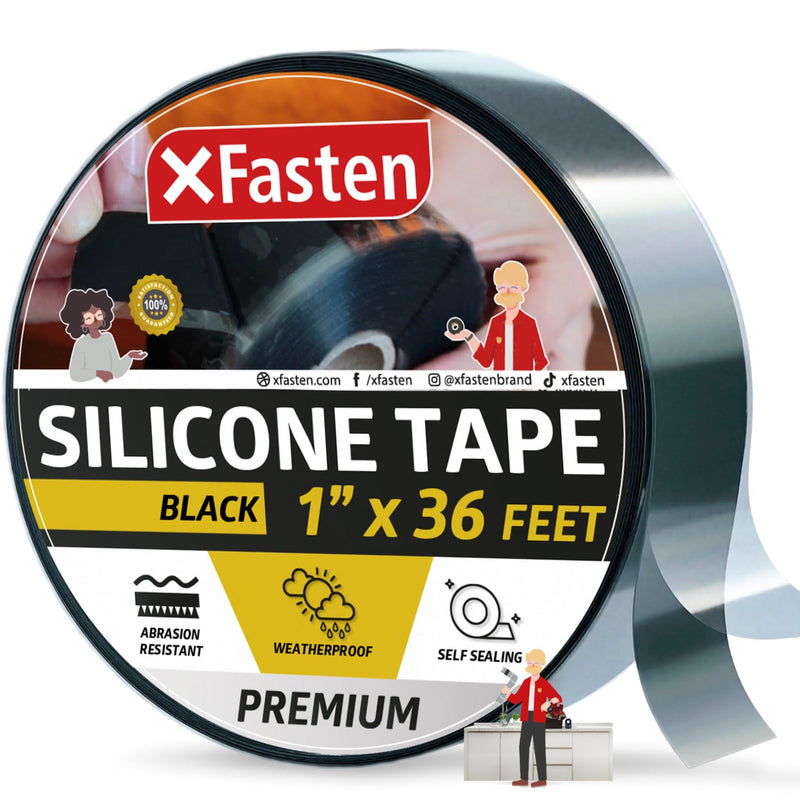 [Australia - AusPower] - XFasten Self Fusing Silicone Tape Waterproof – 1" x 36 Feet Black, Self Amalgamating Tape, Silicone Rubber for Plumbing, Sealing Pipes, Hose Repair, Outdoor Coax and Electrical Cables – Weatherproof 1-Inch x 36-Feet 