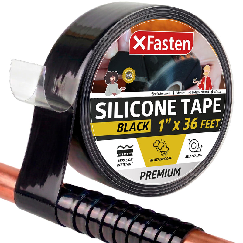 XFasten Self Fusing Silicone Tape Waterproof – 1" x 36 Feet Black, Self Amalgamating Tape, Silicone Rubber for Plumbing, Sealing Pipes, Hose Repair, Outdoor Coax and Electrical Cables – Weatherproof 1-Inch x 36-Feet