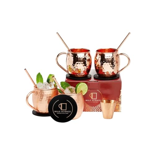 Advanced Mixology Pure Copper Moscow Mule Mugs Set of 4, 19 oz Hand-Hammered Copper Cocktail Mugs with Reusable Straws, Jigger & Coasters, Ideal for Home Bars, Restaurants & Events.
