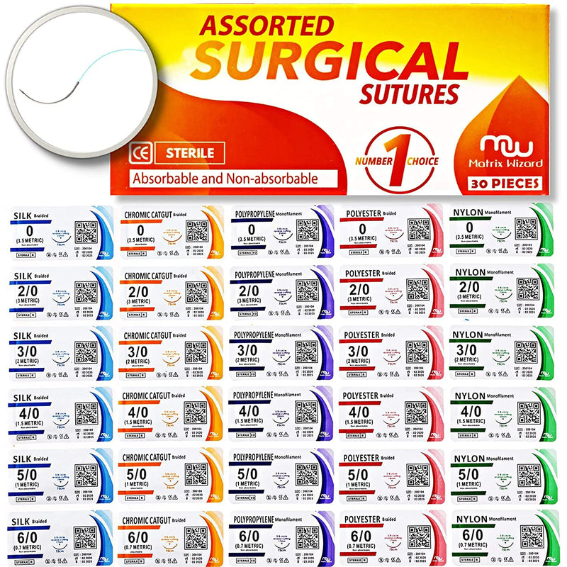 [Australia - AusPower] - Sutures Thread with Needle (30PK Mix Absorbable: Chromic; Non-Absorbable: Silk, Nylon, Polyester, Polypropylene: 0,2-0,3-0,4-0,5-0,6-0) - Surgical Stitch Kit; Medical, Vet, RN's Hospital Training 