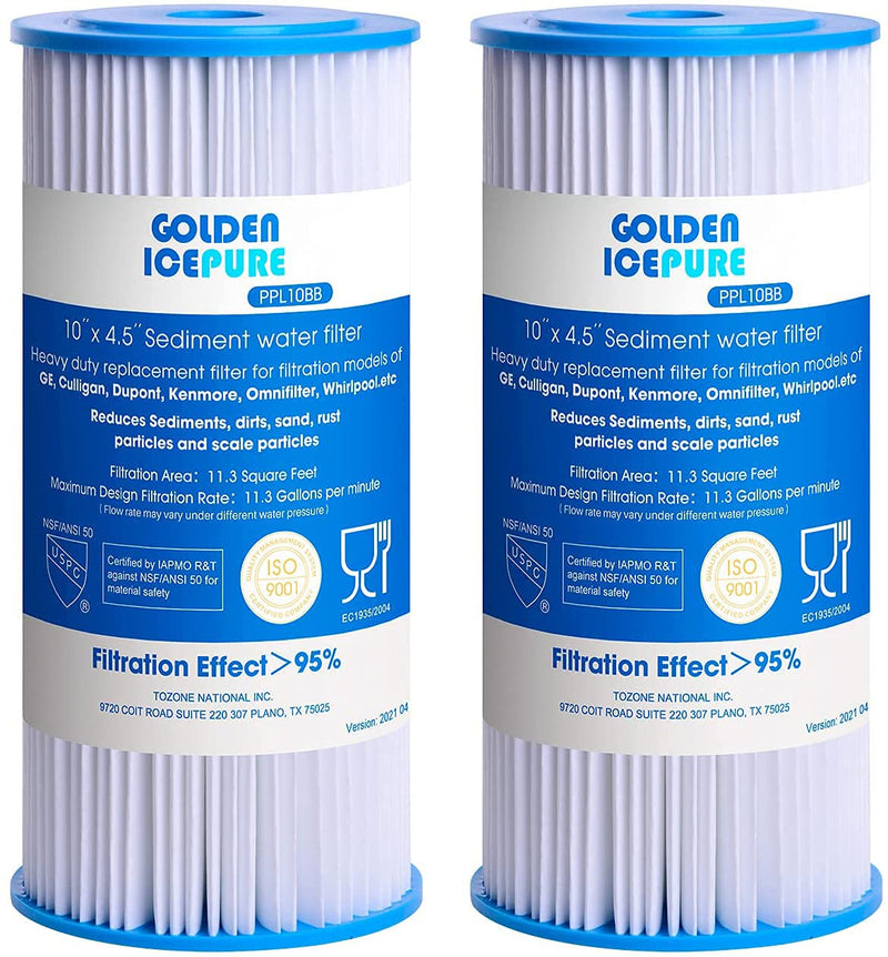 GOLDEN ICEPURE PPL10BB, 5 Micron 10" x 4.5" Whole House Sediment Pleated Water Filter, Compatible with DuPont WFHDC3001, GE FXHSC, Culligan R50-BBSA, R50-BB, W50PEHD, GXWH40L, CP5-BBS 2-PACK
