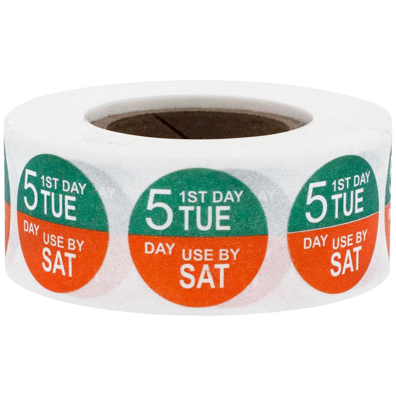 Dissolvable Tuesday Through Saturday 5 Day Food Rotation Labels, 3/4 Inch Use By Stickers, 500 Total Adhesive Labels on a Roll for Restaurant and Kitchen Prep – Made in the USA