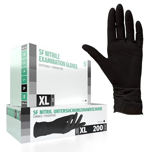 SF Nitrile Gloves XL Black - Pack of 200 Disposable Gloves, Latex-Free | Powder-free disposable gloves for tattoos, workshops, kitchens, cleaning, and household use; versatile for commercial and everyday use