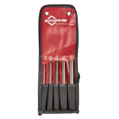 Mayhew 62256 5-piece large SAE pilot punch kit with black oxide finish, pin punches shown in case