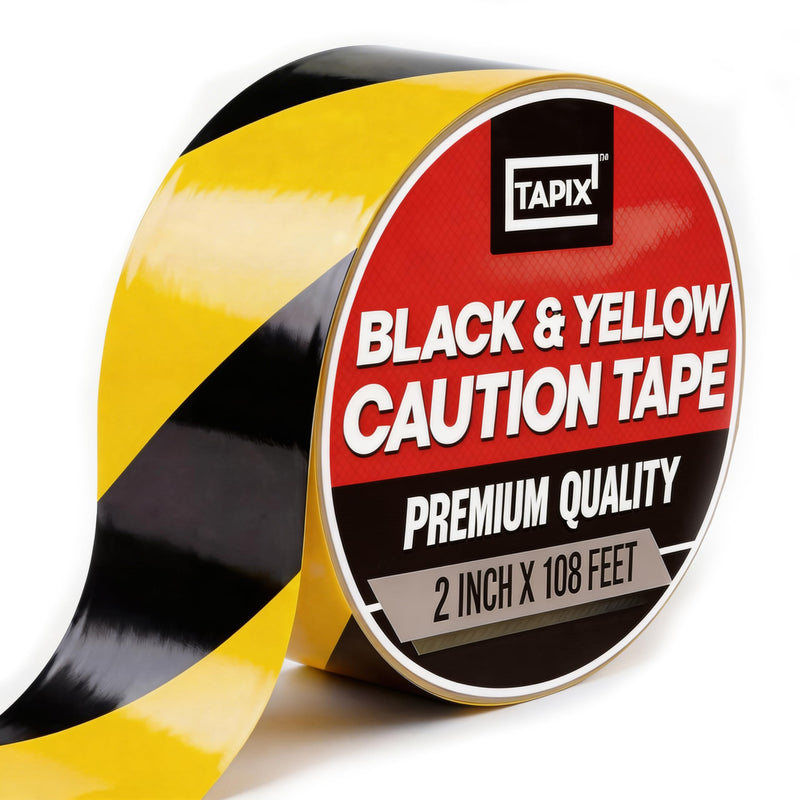 Tapix 2 Inch x 108 Feet Black & Yellow Tape Roll - Safety Stripe Waring Tape for Floor - Highly Adhesive Waterproof Hazard Tape for Floors, Walls, Staircase, Pipes, Equipment, Dangerous Area 1