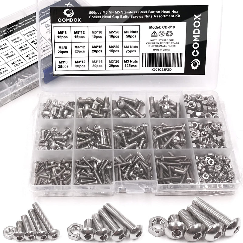500Pcs M3 M4 M5 Stainless Steel Button Head Hex Socket Head Cap Bolts Screws Nut Assortment Kit