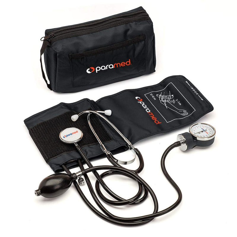 [Australia - AusPower] - PARAMED Aneroid Sphygmomanometer with Stethoscope – Manual Blood Pressure Cuff with Universal Cuff 8.7-16.5" and D-Ring – Carrying Case in The kit – Black 
